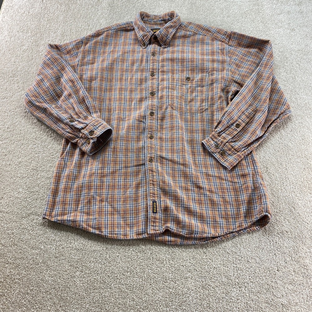 Woolrich Plaid Flannel Shirt Mens Large Tan Blue Button Down Long Sleeve Outdoor